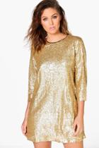 Boohoo Boutique Lucie Sequin 3/4 Sleeve Shift Dress Gold