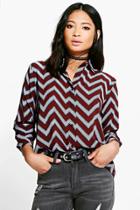 Boohoo Petite Tegan Zig Zag Print Oversized Shirt Wine