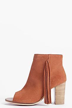 Boohoo Boutique Ruby Fringe Trim Suede Peeptoe Boot
