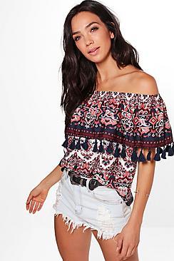 Boohoo Skyler Woven Printed Tassel Hem Off The Shoulder Top