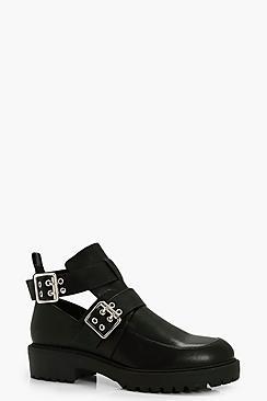 Boohoo Kate Double Buckle Cut Work Chunky Boot