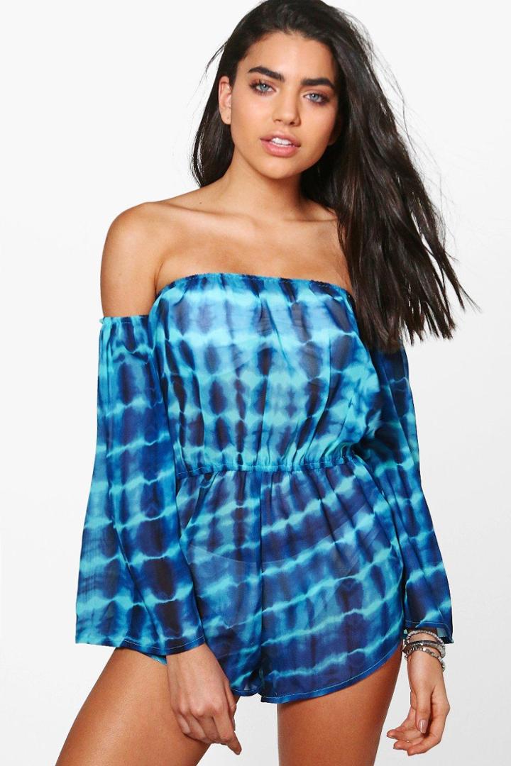 Boohoo Olivia Tie Dye Beach Bardot Playsuit Blue
