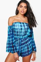 Boohoo Olivia Tie Dye Beach Bardot Playsuit Blue