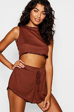 Boohoo Ribbed Crop Lounge Short Set