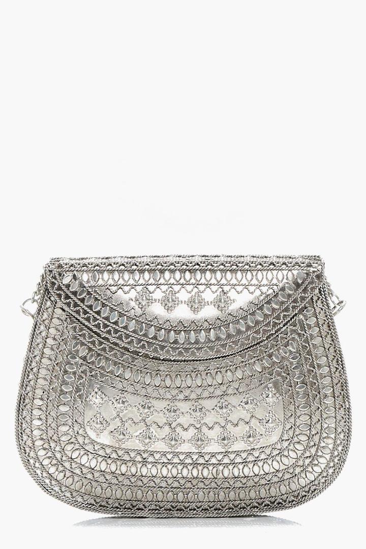Boohoo Sofia Metal Engraved Box Clutch Bag Silver