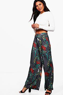 Boohoo Striped Floral Print Wide Leg Trousers