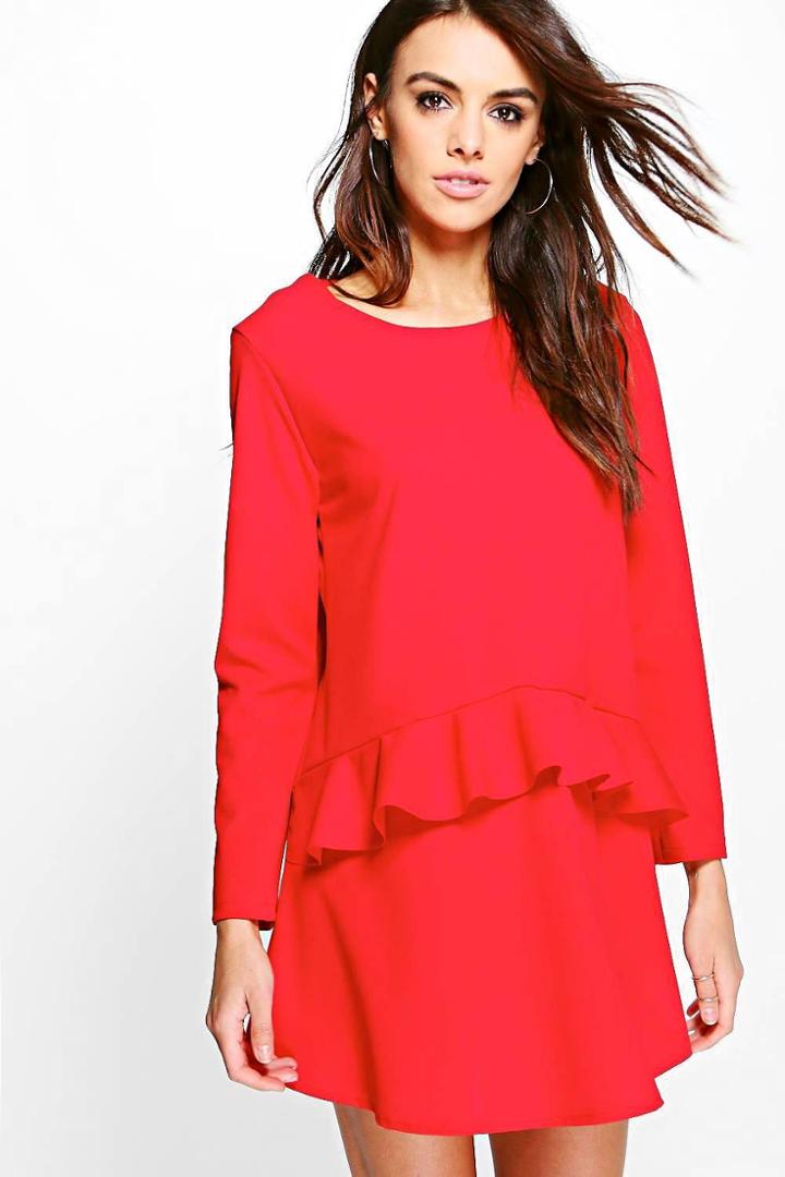 Boohoo Georgie Frill Front Woven Shift Dress Red