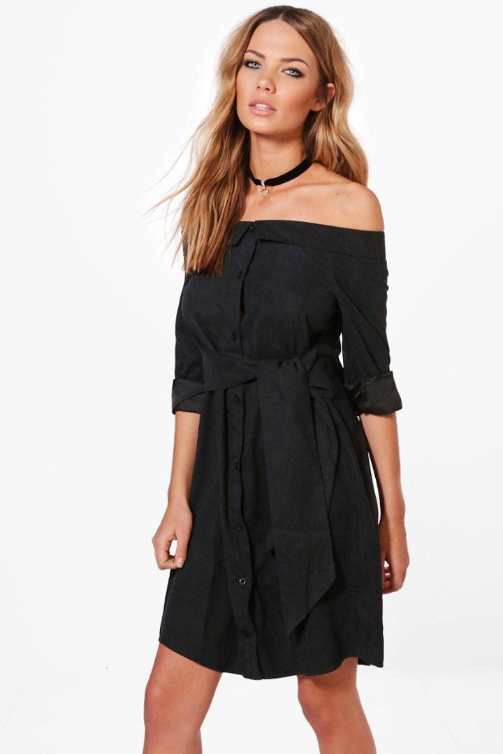 Boohoo Evie Off The Shoulder Tie Front Shirt Dress Black