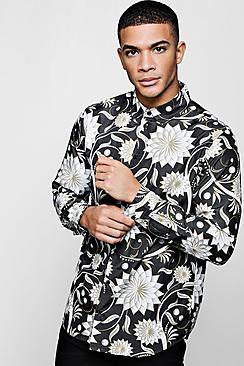 Boohoo Floral Print Long Sleeve Satin Shirt