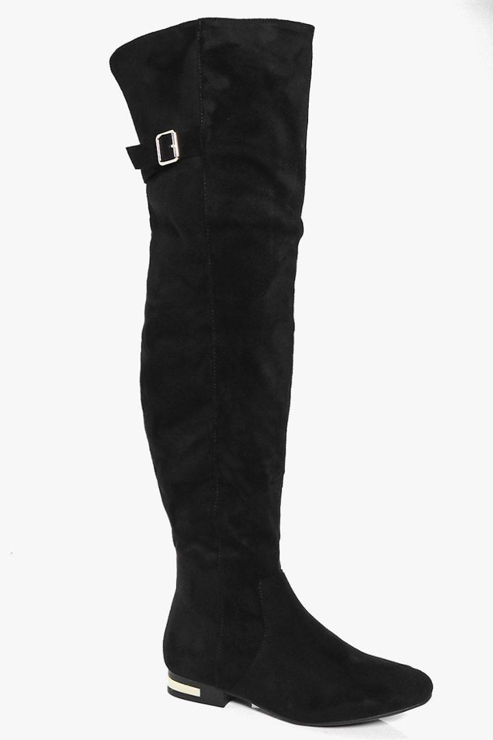 Boohoo Paige Buckle Trim Flat Over The Knee Boot Black