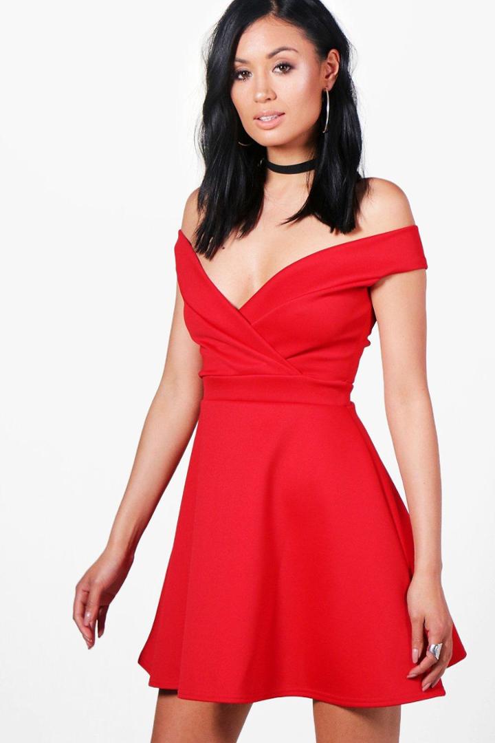Boohoo Emily Off The Shoulder Skater Dress Red