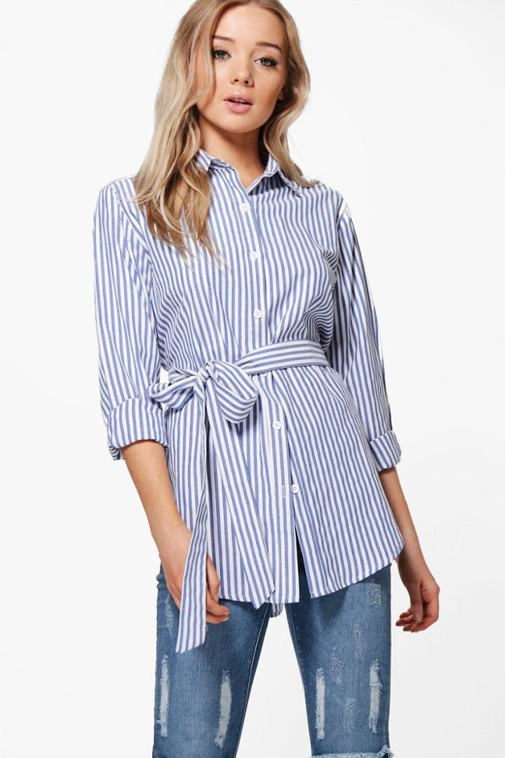 Boohoo Tilly Tie Striped Shirt Blue