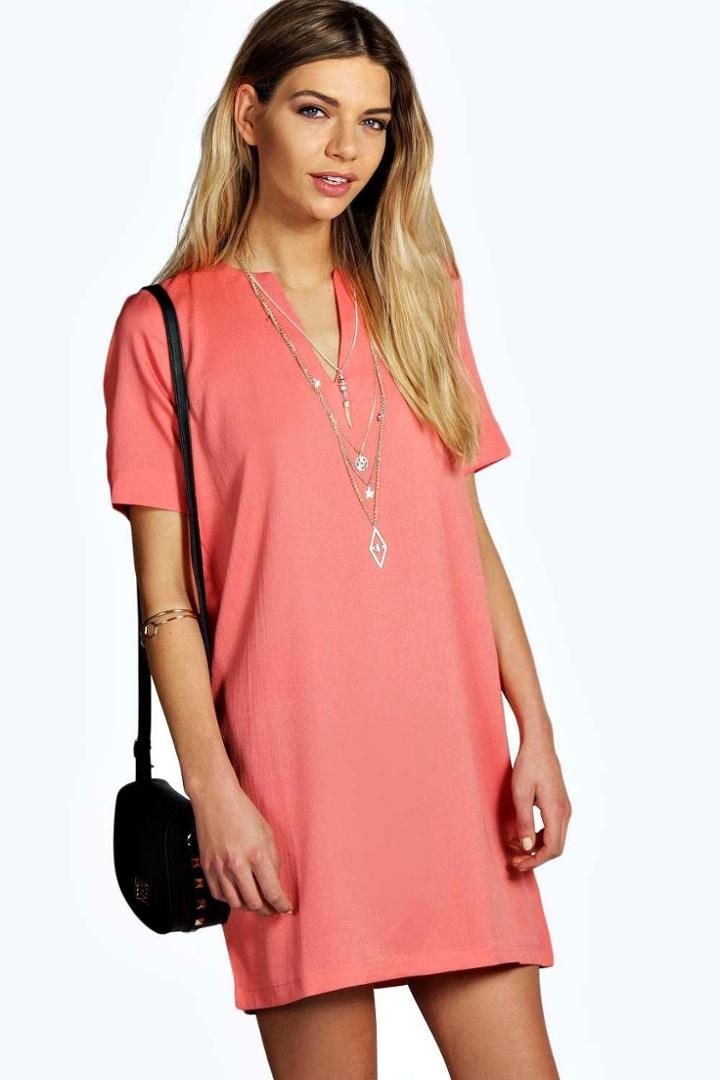 Boohoo Celyn Woven V Neck Open Back Shift Dress Coral