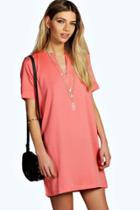 Boohoo Celyn Woven V Neck Open Back Shift Dress Coral