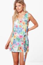 Boohoo Petite Lorna Tropical Sleeveless Woven Tie Dress Multi