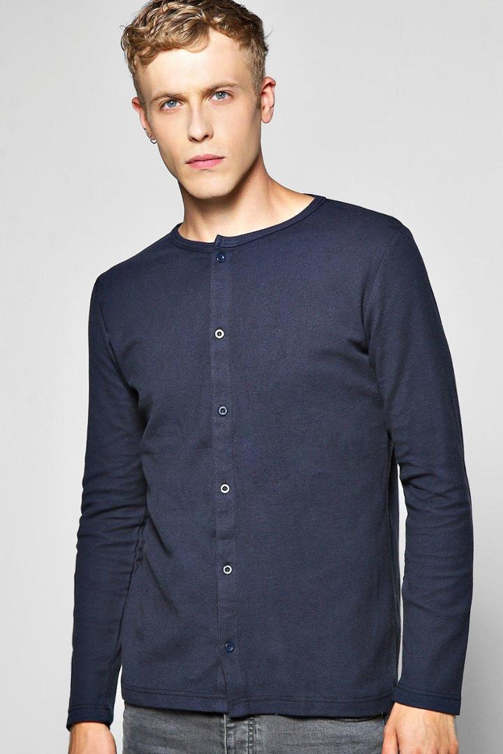 Boohoo Grandad Neck Pique Button Through Shirt Navy