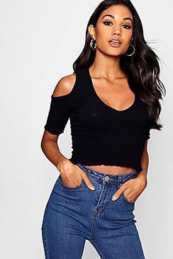 Boohoo Cold Shoulder Rib Crop Top