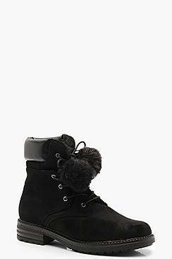 Boohoo Faux Fur Pom Pom Hiker Boots