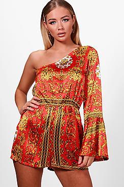 Boohoo Katie One Shoulder Flare Sleeve Chain Print Playsuit