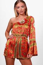 Boohoo Katie One Shoulder Flare Sleeve Chain Print Playsuit