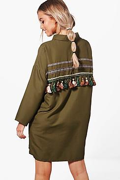 Boohoo Natalie Tassel Trim Back Shirt Dress