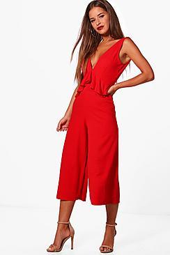 Boohoo Petite Gabby Plunge Frill Detail Jumpsuit