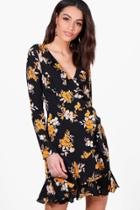 Boohoo Jade Floral Ruffle Wrap Tea Dress Black