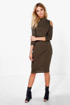 Boohoo Stassy Cold Shoulder High Neck Midi Dress Moss