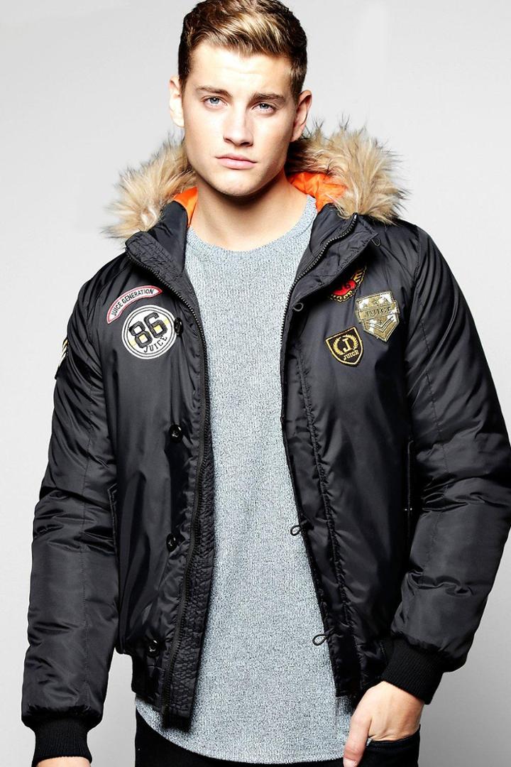 Boohoo Faux Fur Hooded Badged Ma1 Bomber Black