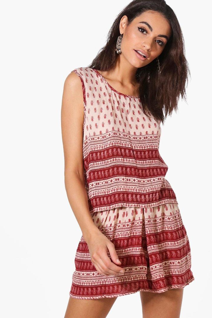 Boohoo Jayne Woven Border Print Short Co-ord Set Red