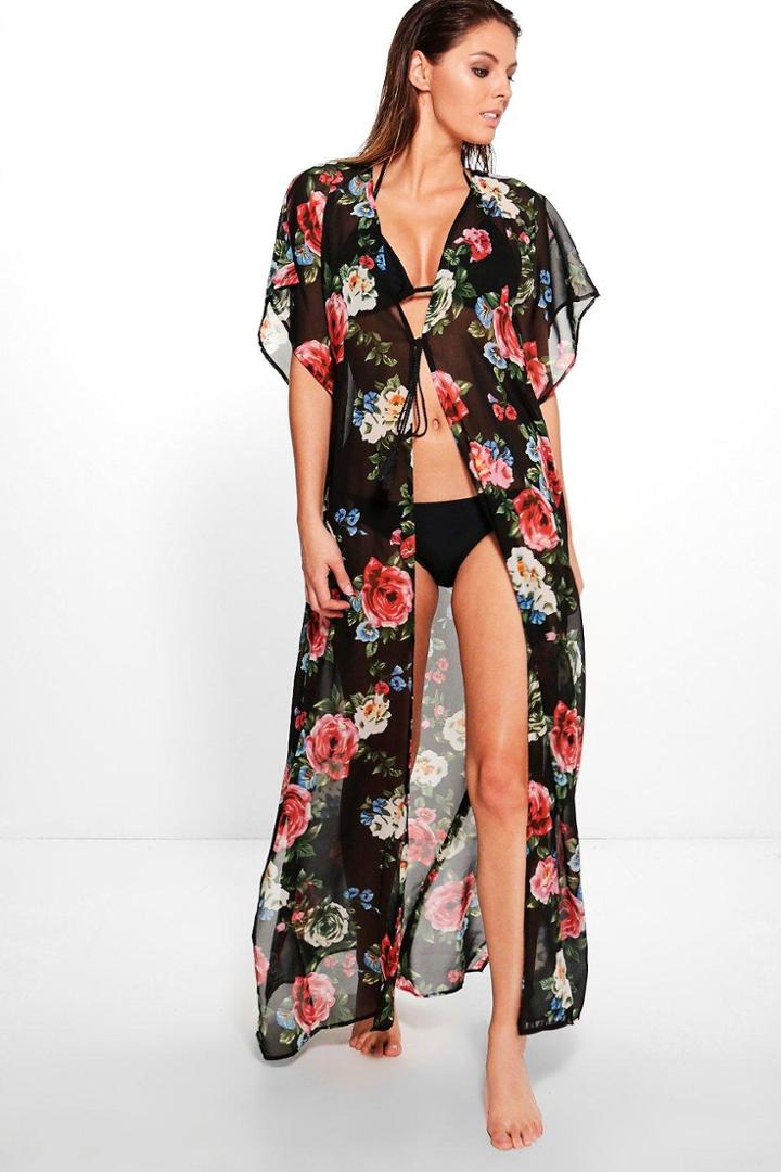 Boohoo Heidi Dark Floral Maxi Kimono Black