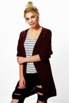 Boohoo Martha Boucle Knit Edge To Edge Cardigan Burgundy