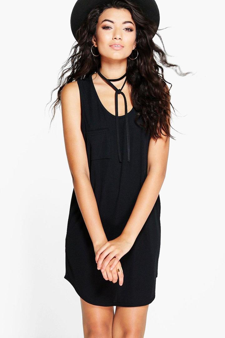Boohoo Marla Basic Ribbed Racer Back Pocket Shift Dress Black