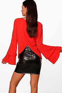 Boohoo Olivia Plunge Front Ruffle Sleeve Top