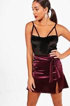 Boohoo Woven Shimmer Satin Split Mini Skirt