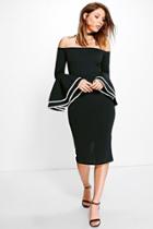 Boohoo Fleur Off Shoulder Flared Sleeve Midi Dress Black