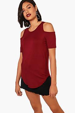 Boohoo Yazzmin Basic Cold Shoulder Curved Hem Tee