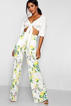 Boohoo Esme Lemon Print Slinky Wide Leg Trousers