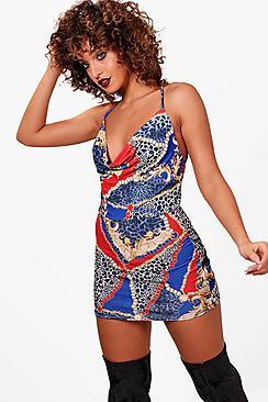 Boohoo Tracey Chain Print Cowl Neck Micro Mini Bodycon Dress
