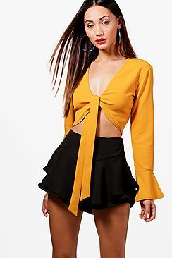 Boohoo Petite Katie Tie Front Frill Sleeve Top