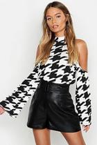 Boohoo Dog Tooth High Neck Cold Shoulder Top