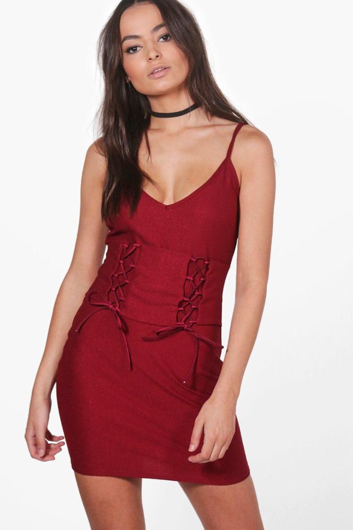 Boohoo Jen Corset Lace Up Waist Bodycon Dress Burgundy