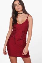 Boohoo Jen Corset Lace Up Waist Bodycon Dress Burgundy