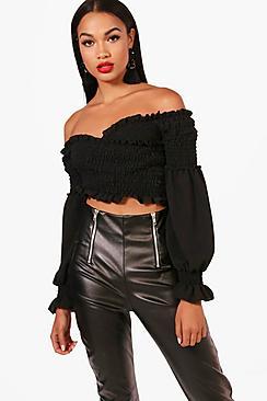 Boohoo Shirred Wrap Flare Cuff Crop