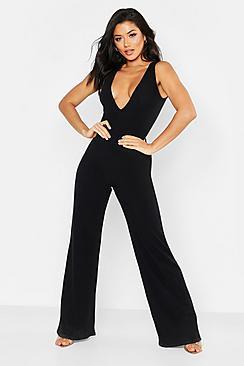 Boohoo Ribbed Plunge Wide Leg Jumpsuit