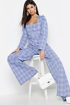 Boohoo Check Square Neck Puff Shoulder Jumpsuit