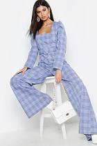 Boohoo Check Square Neck Puff Shoulder Jumpsuit
