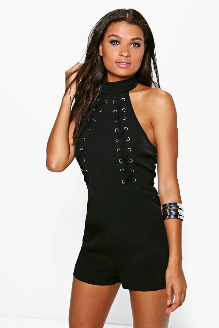 Boohoo Lois High Neck Lace Up Detail Open Back Playsuit Black