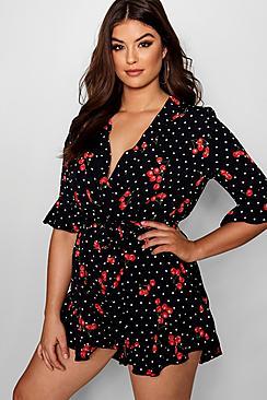 Boohoo Plus Cherry Printed Ruffle Playsuit