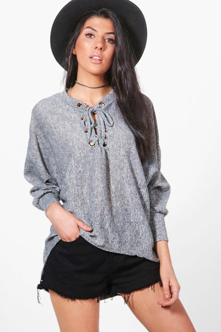 Boohoo Cara Lace Up Batwing Jumper Grey